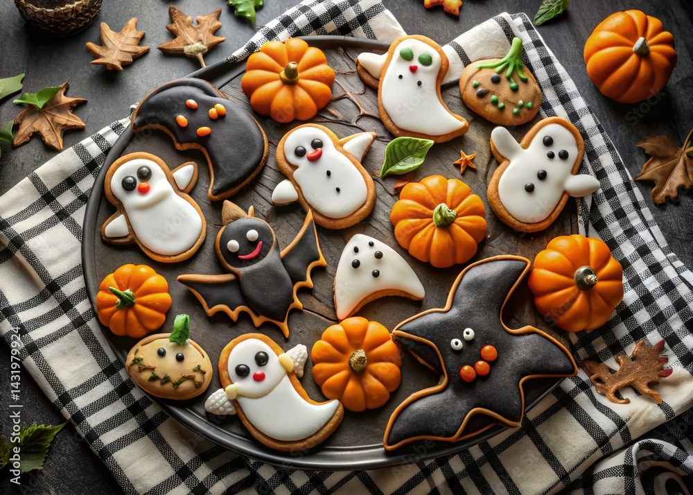 Whimsical Halloween Cookies on Black & White Tablecloth - Surreal Photography