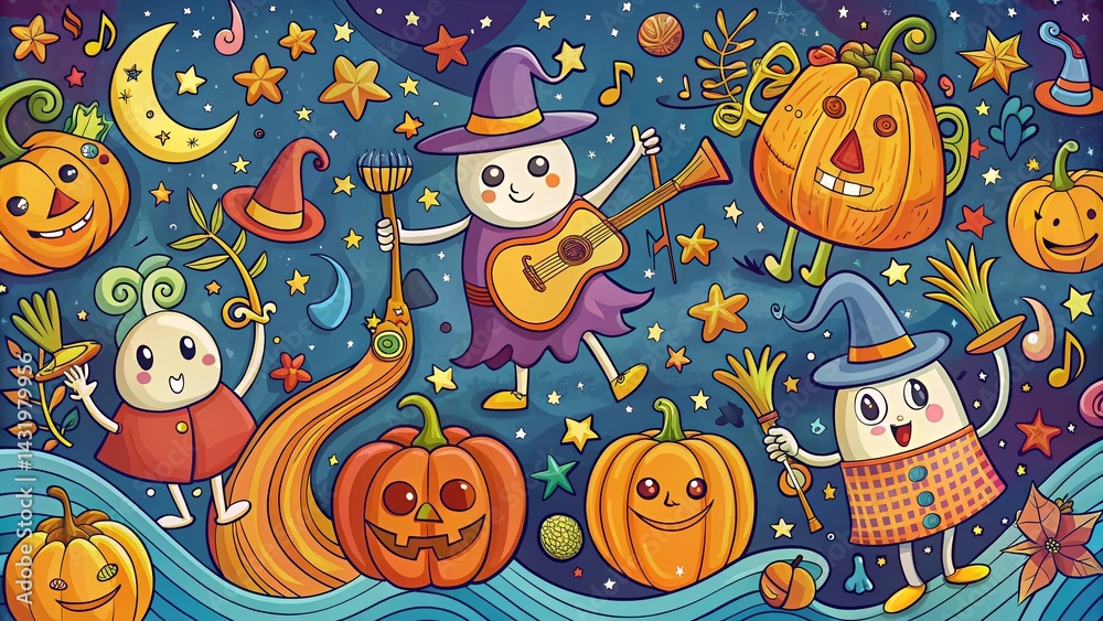 Whimsical Halloween Doodle Pattern: Monsters, Music, & Dancing Skeletons