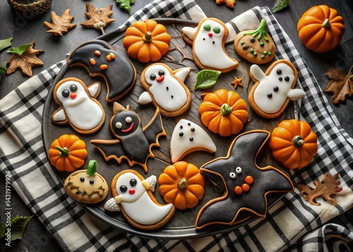 Obraz na płótnie Whimsical Halloween Cookies on Black & White Tablecloth - Surreal Photography w salonie