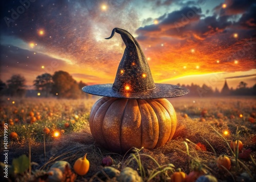 Whimsical Halloween Pumpkin with Sparkling Witch Hat - Drone Aerial View