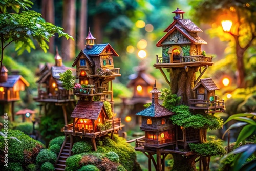Obraz na płótnie Whimsical Miniature Treehouse Village: Detailed Model Photography w salonie