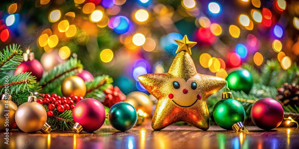 Whimsical Smiling Christmas Tree Ornament with Star & Baubles - Long Exposure Holiday Decoration