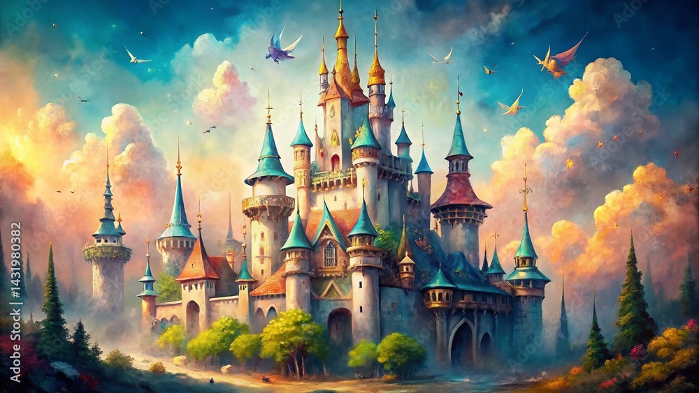 Whimsical Watercolor Fairytale Castle Illustration - Magical Tower Spired Dreamland