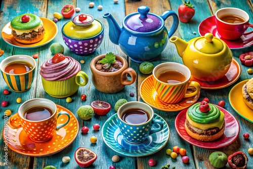 Obraz na płótnie Whimsical Tea Party: Colorful Teapots, Cups & Treats Illustration w salonie