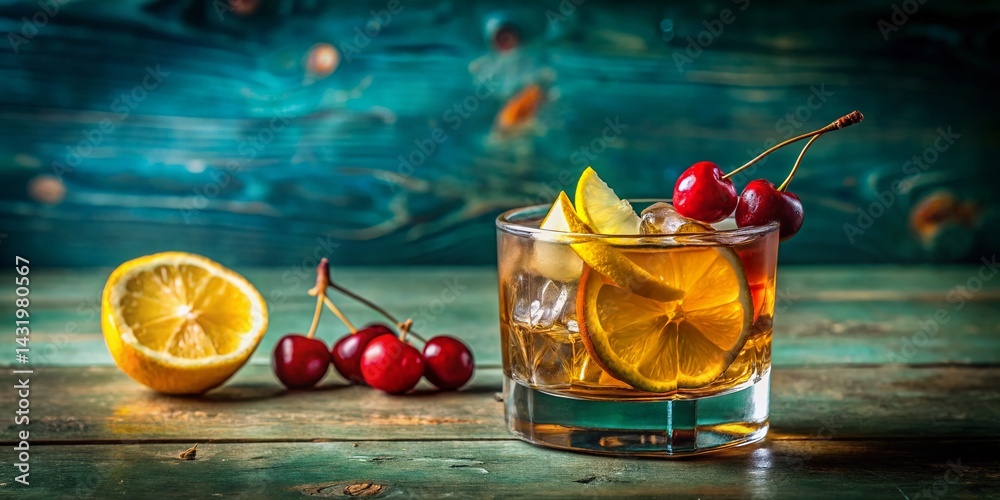 Whiskey Cocktail with Lemon & Cherries on Turquoise - Elegant Drink Photography