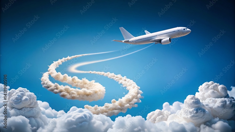 White Airplane Flying High, Leaving Vapor Trail, Clear Blue Sky, Food Photography Concept