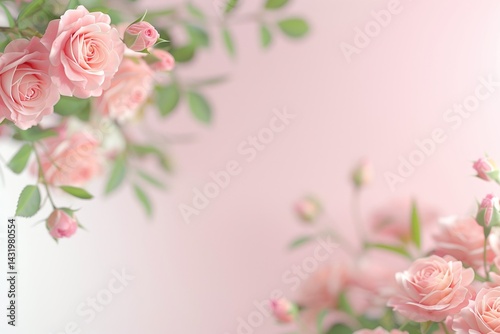 Soft pink roses, pastel pink background, romantic blossom branch, spring floral decor, minimal composition, gentle nature, fresh petals, light airy style, beauty in bloom, copy space