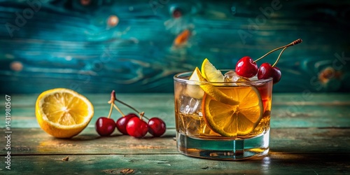 Obraz na płótnie Whiskey Cocktail with Lemon & Cherries on Turquoise - Elegant Drink Photography w salonie