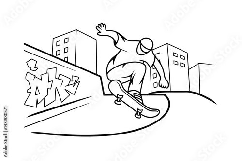 Skateboarder performing trick in urban setting with graffiti and city buildings outline vector illustration