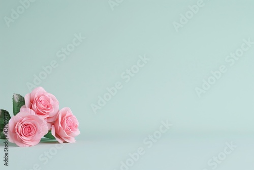 Three pink roses on blue pastel table, minimal style, simple floral arrangement, gentle color, romantic decor, fresh nature, space for text, soft light, spring mood