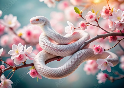 Obraz na płótnie White Snake & Cherry Blossoms: Spring Good Luck Macro Photo w salonie