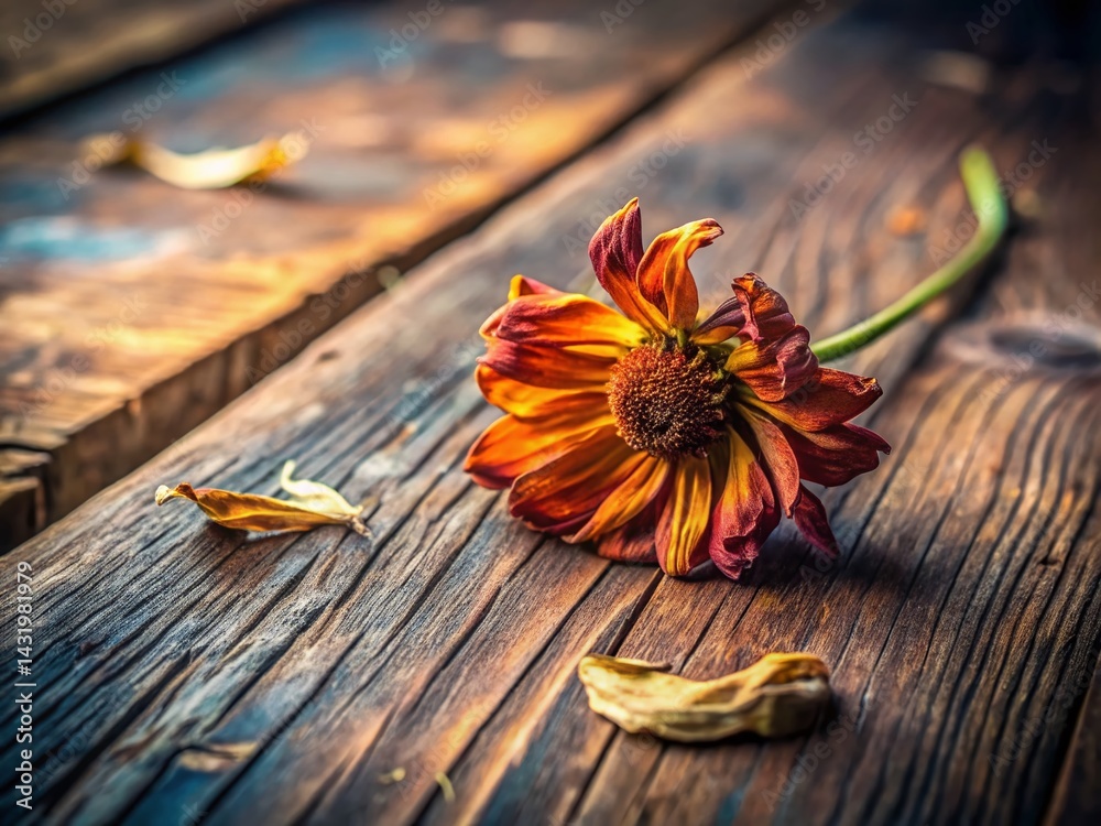 Wilted Flower on Rustic Wooden Table, Still Life Food Photography