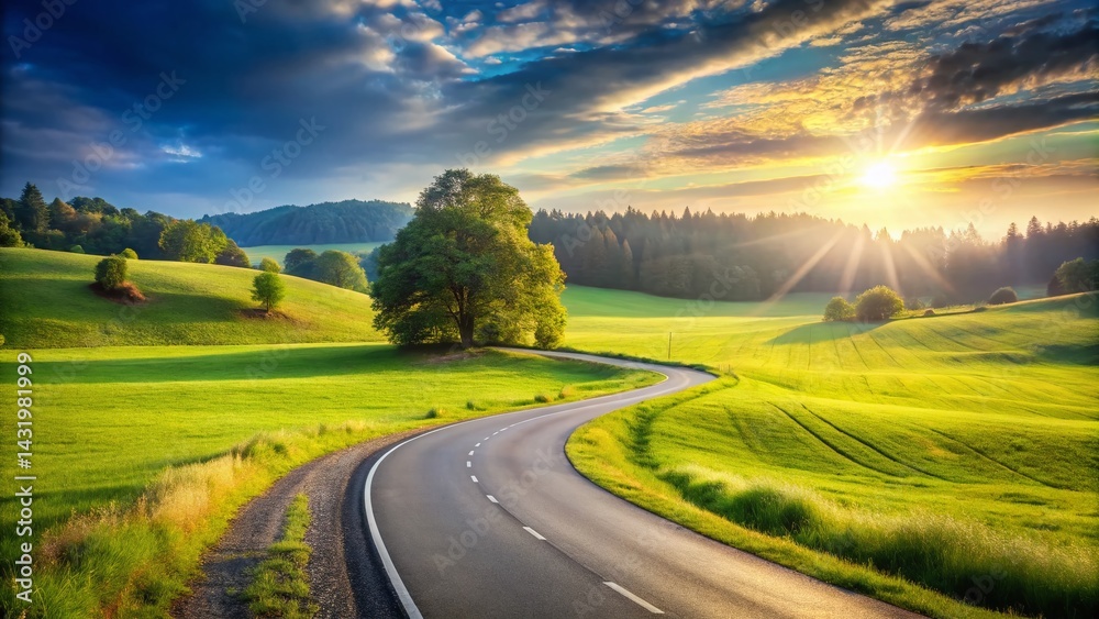 Winding Country Road Through Lush Green Meadow - Scenic Rural Asphalt Driveway