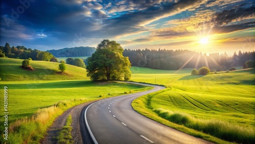 Obraz na płótnie Winding Country Road Through Lush Green Meadow - Scenic Rural Asphalt Driveway w salonie
