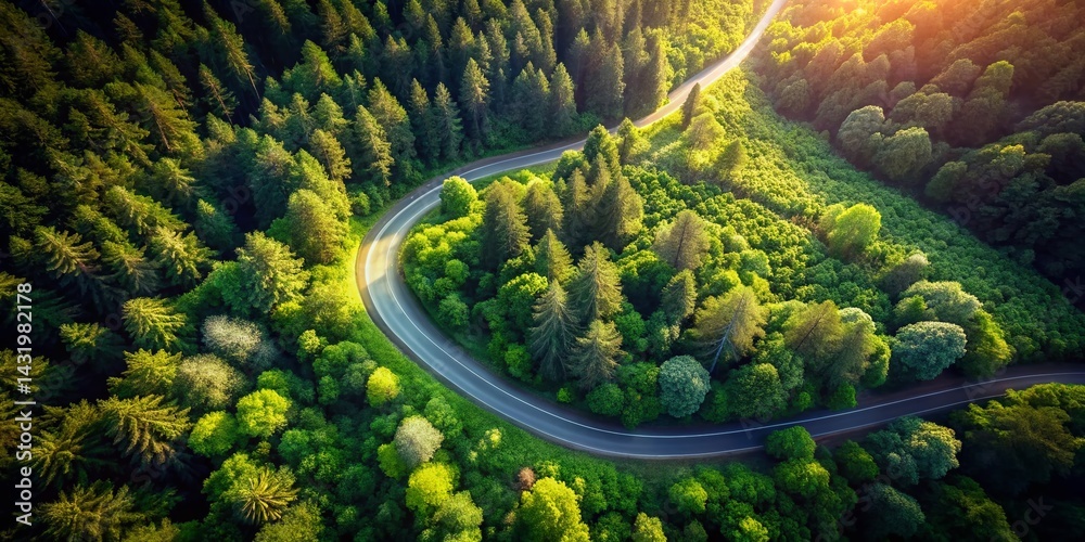 Winding Forest Road Aerial View - Scenic Country Driveway Through Lush Woods