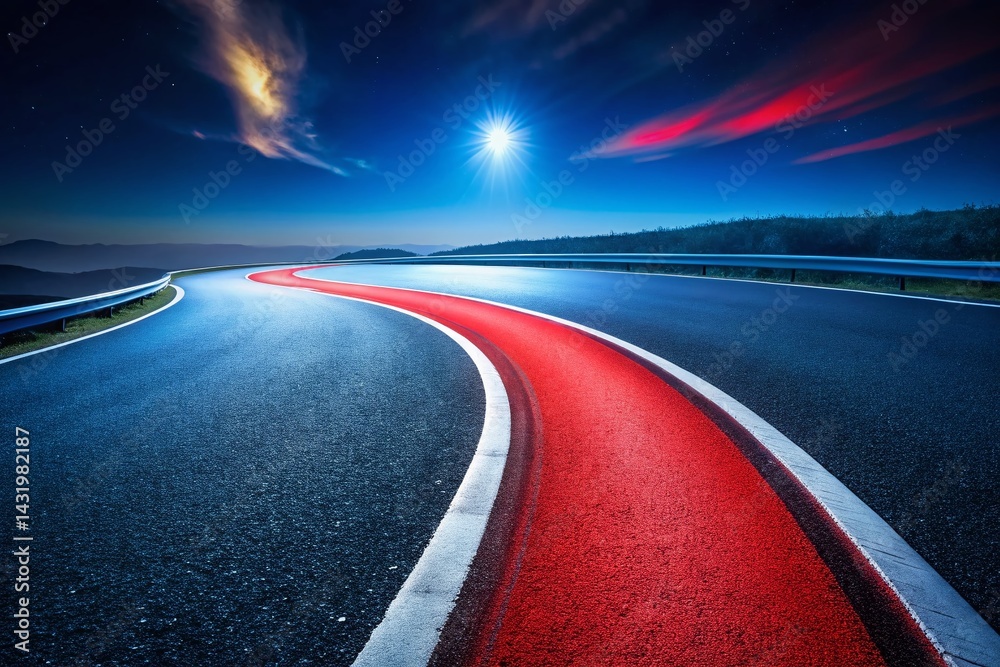 Winding Road, Asphalt Curve, White Lines, Red Border, Night Drive