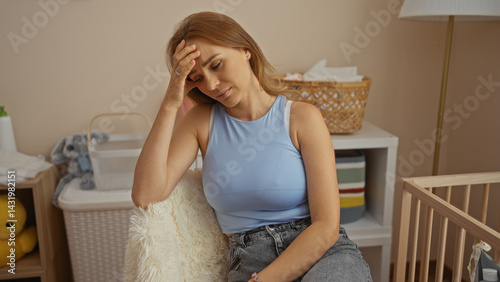 Woman sitting thoughtfully in a bedroom, surrounded by baby furniture, conveying a sense of contemplation and domestic interior comfort.