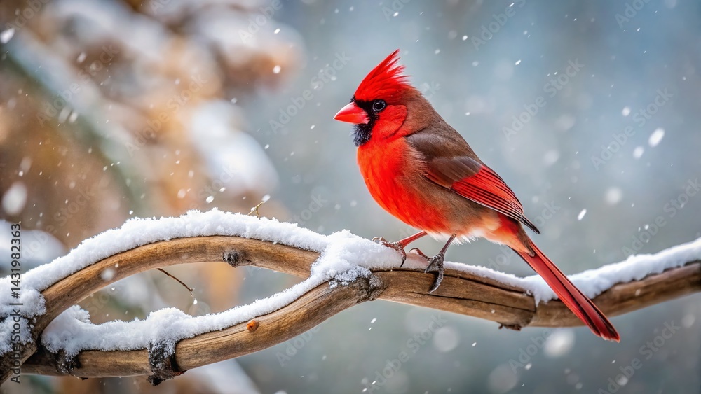 Winter Cardinal: Red Bird on Snow-Covered Branch in Snowfall