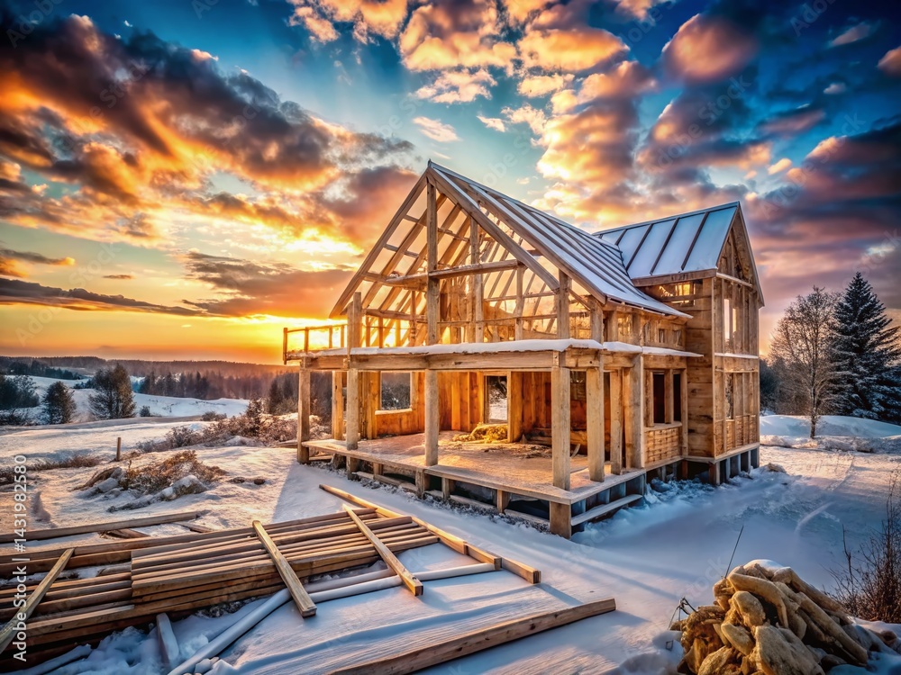 Winter Rustic Timber House Construction, Suburban Landscape, Wooden Frame Building