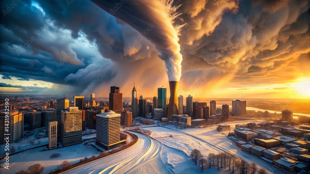 Winter Tornado Sunset Cityscape Aerial Stock Photo - Dramatic Skyscrapers & Snow