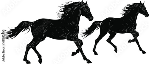 A black vector illustration shows a horse and foal, two equine silhouettes running wild on white AI Generative