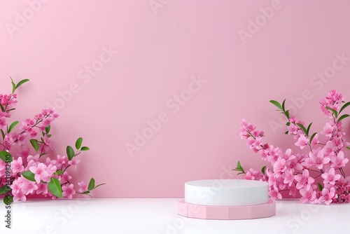 Empty display podium with cherry blossom flowers, soft pink pastel background, spring mockup template, product showcase, copy space for text, minimal floral scene, feminine decorative design

