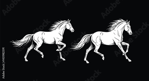 Black and white vector illustration of a running horse silhouette AI Generative