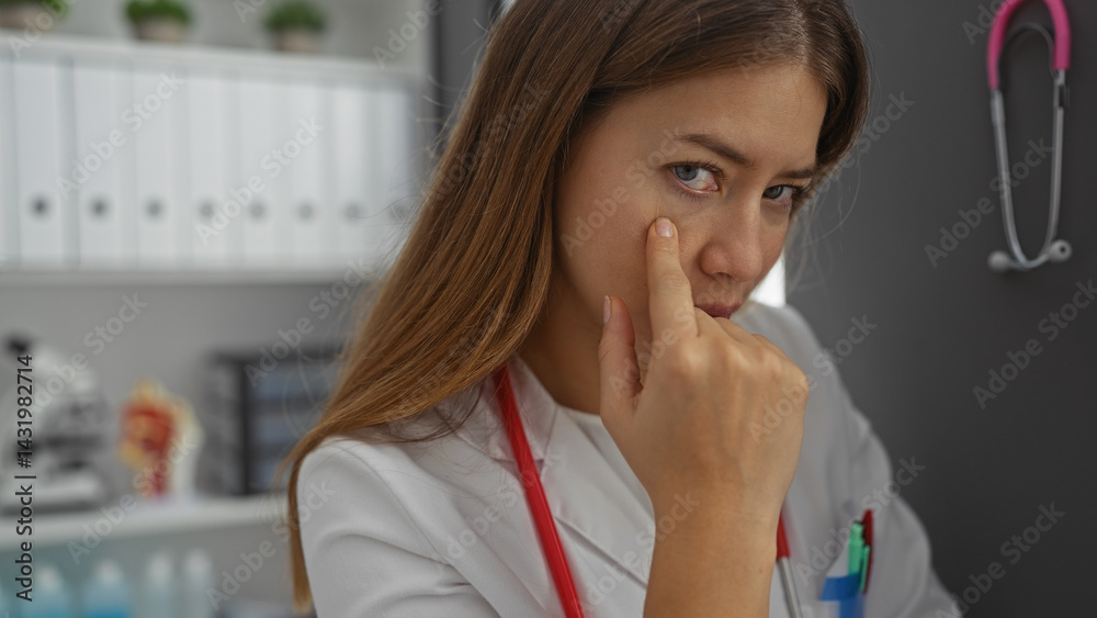 Woman in clinic examining her face with serious expression while standing in a modern hospital room surrounded by medical equipment and documents.