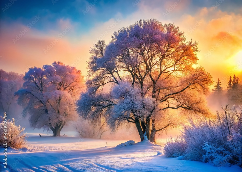 Winter Wonderland: Foggy Trees with Hoarfrost - Majestic Snowy Landscape Stock Photo