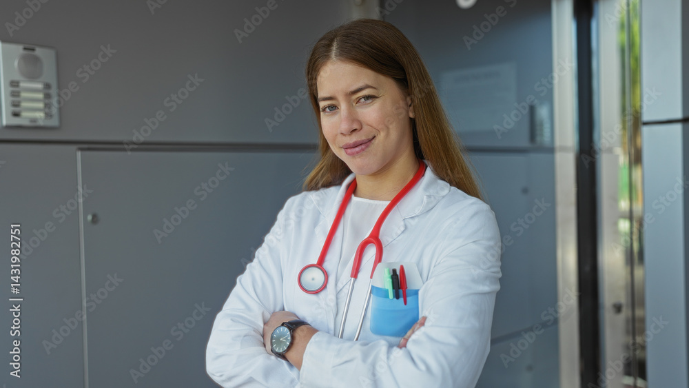 Female doctor with stethoscope standing outside clinic with arms crossed smiling confidently in urban setting wearing white coat and watch showcasing professional demeanor.