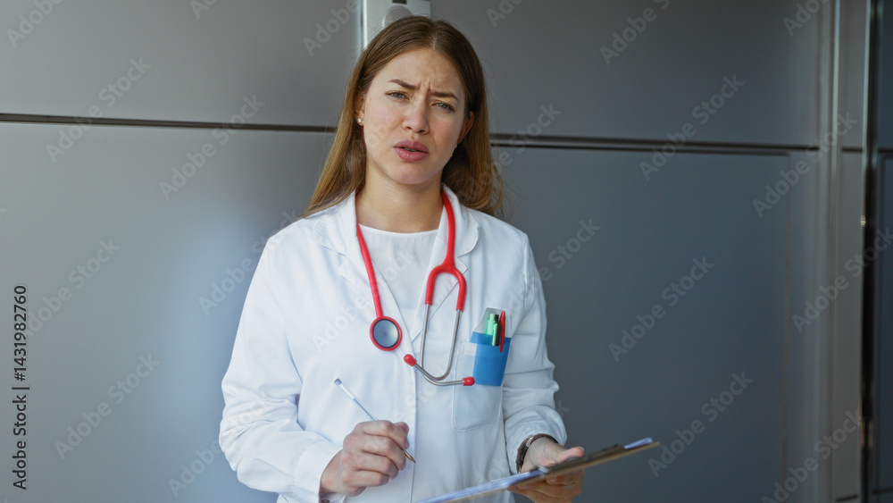 Female doctor standing outside urban hospital with stethoscope, pen, and clipboard wearing white coat and expressing concern on sunny day