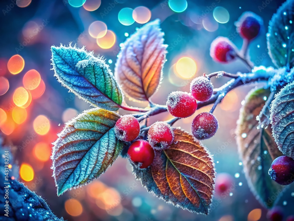 Winter Wonderland: Frosted Berries & Leaves Double Exposure with Bokeh Lights