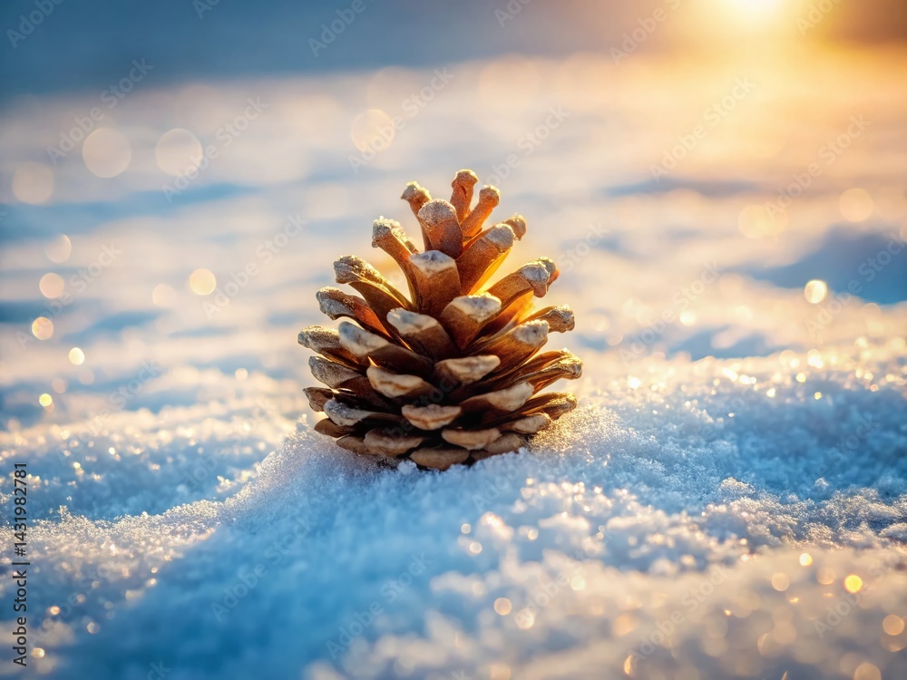 Winter Wonderland: Pine Cone on Snowy Ground in Sunlight