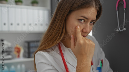 Obraz na płótnie Woman in clinic examining her face with serious expression while standing in a modern hospital room surrounded by medical equipment and documents. w salonie