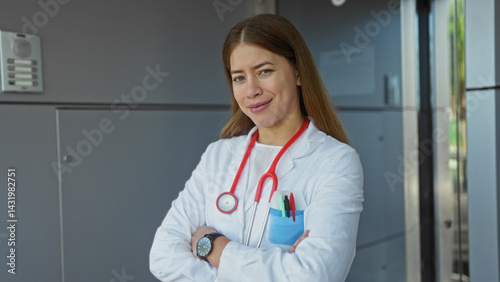 Obraz na płótnie Female doctor with stethoscope standing outside clinic with arms crossed smiling confidently in urban setting wearing white coat and watch showcasing professional demeanor. w salonie