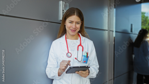 Obraz na płótnie Woman wearing white coat and stethoscope uses tablet outside urban clinic with a confident smile. w salonie