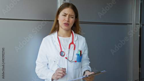 Obraz na płótnie Female doctor standing outside urban hospital with stethoscope, pen, and clipboard wearing white coat and expressing concern on sunny day w salonie