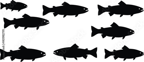 Vector silhouettes of marine animals like salmon and tuna illustrate aquatic nature AI Generative