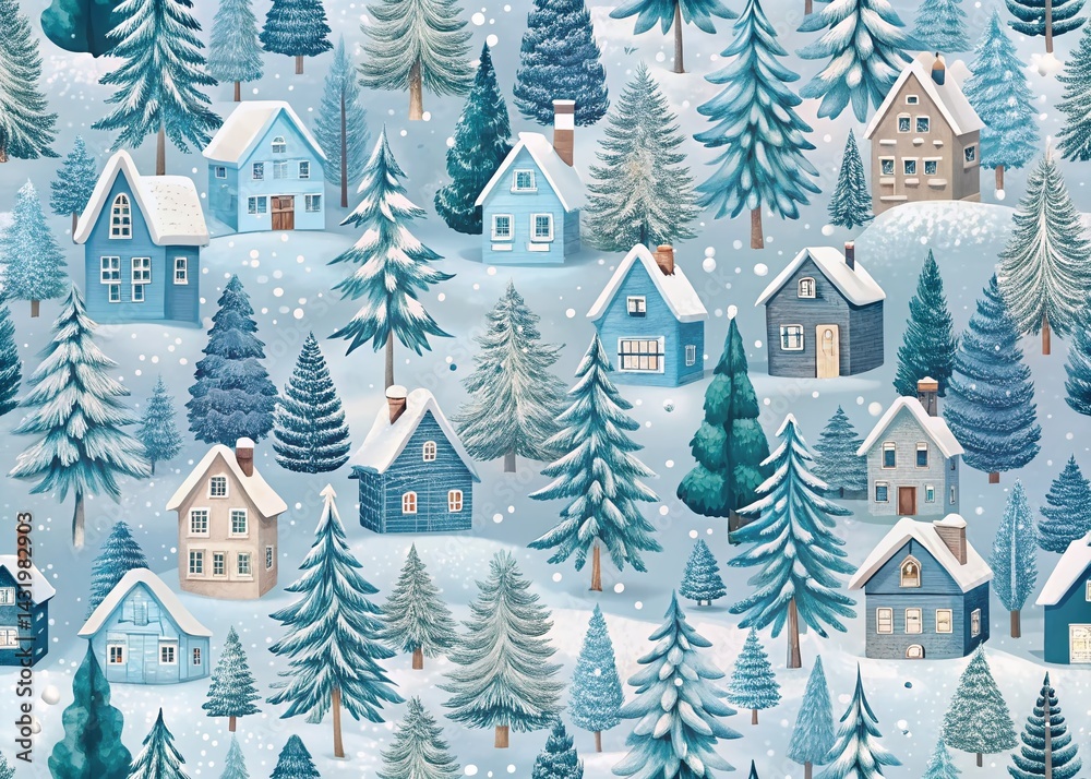 Winter Wonderland Seamless Pattern: Cozy Houses & Snowy Trees Background