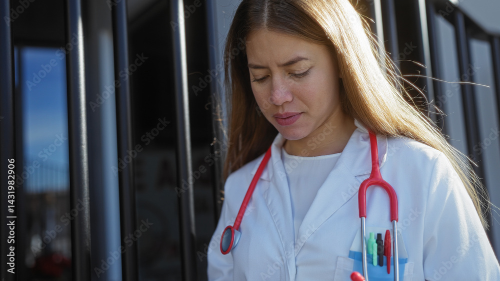 Woman doctor standing outside urban clinic wearing stethoscope looking down in thoughtful manner emphasizing healthcare professional outdoors on city street.