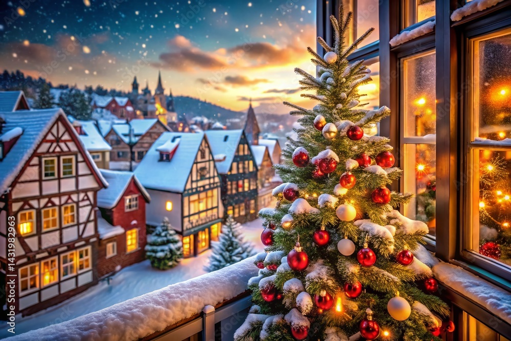 Winter Wonderland: Snowy Cityscape with Christmas Tree & Cozy Houses