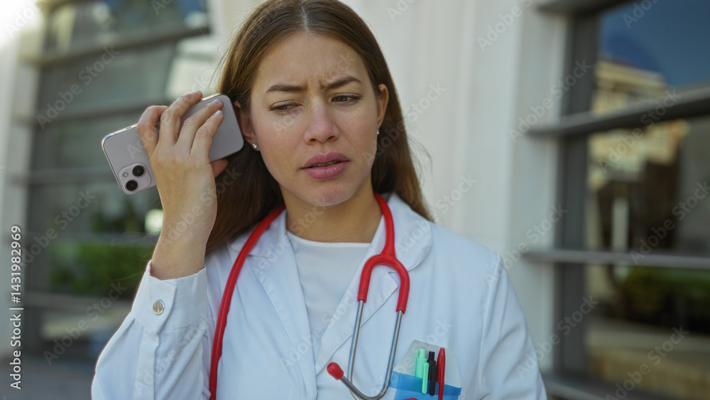 Woman outdoors wearing white coat and stethoscope listening intently to smartphone message, urban background suggests city environment possibly near medical clinic.