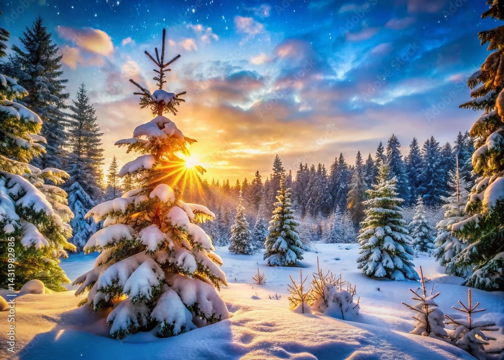 Winter Wonderland: Snowy Forest Christmas Tree Border Stock Photo
