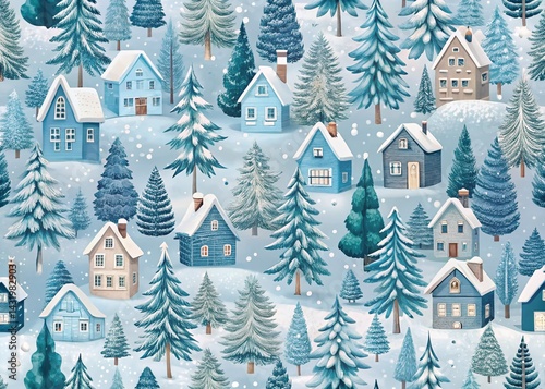 Obraz na płótnie Winter Wonderland Seamless Pattern: Cozy Houses & Snowy Trees Background w salonie