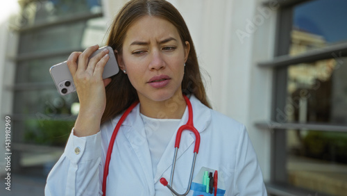 Obraz na płótnie Woman outdoors wearing white coat and stethoscope listening intently to smartphone message, urban background suggests city environment possibly near medical clinic. w salonie