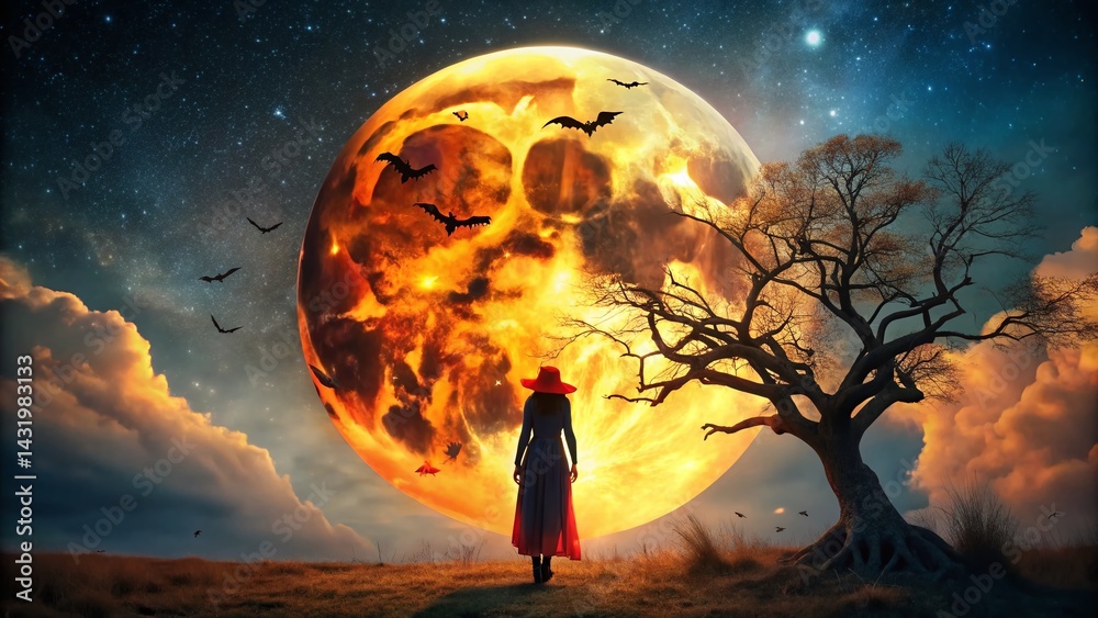 Witch, Red Hair, Orange Moon, Bats, Barren Tree - Mystical Night Drone Shot