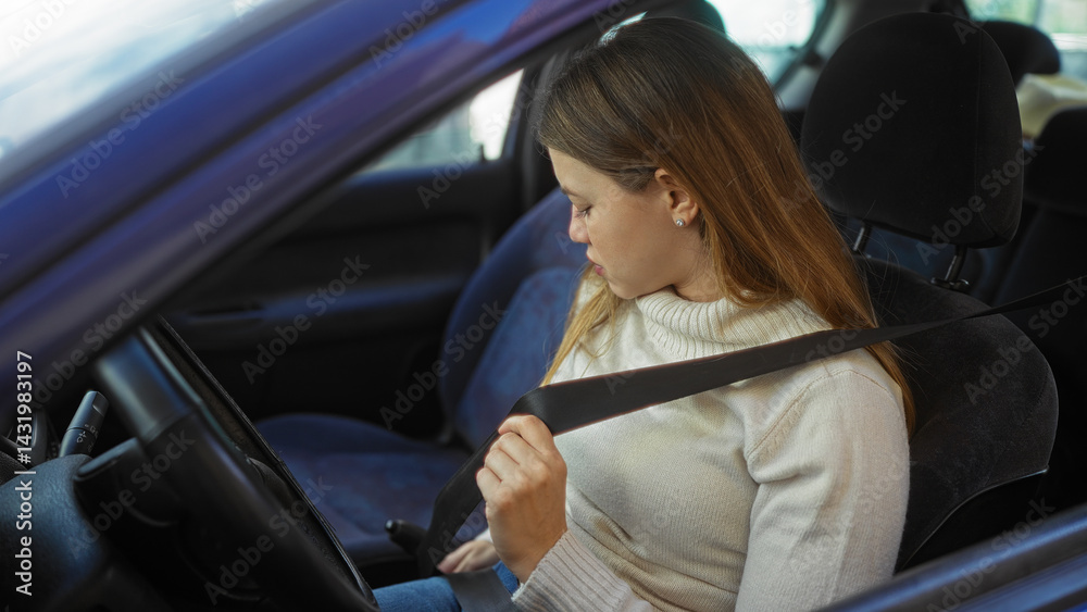 Woman wearing seatbelt inside a car on a city street, showcasing safety and responsibility in an urban setting, highlighting the focus on modern transportation and travel.