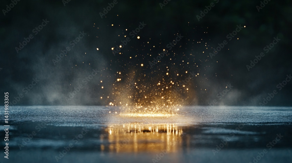 Raindrops exploding on wet road with dark natural reflections and captivating ambient light Raindrops exploding on wet road with dark natural reflections and captivating ambient light