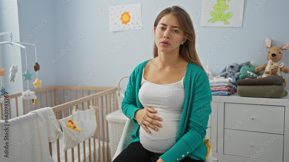 Pregnant woman sitting thoughtfully on a bed in a stylish nursery room with a cozy atmosphere, surrounded by baby essentials, art, and soothing pastel tones.