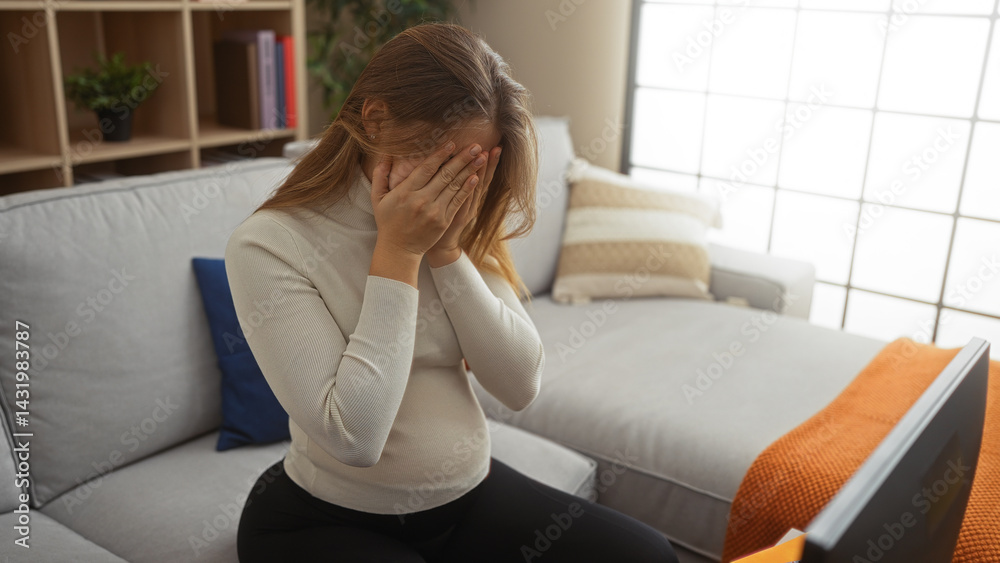 Woman covering face sitting on sofa in stylish apartment living room with modern decor indicating stress or sadness at home interior environment during daytime